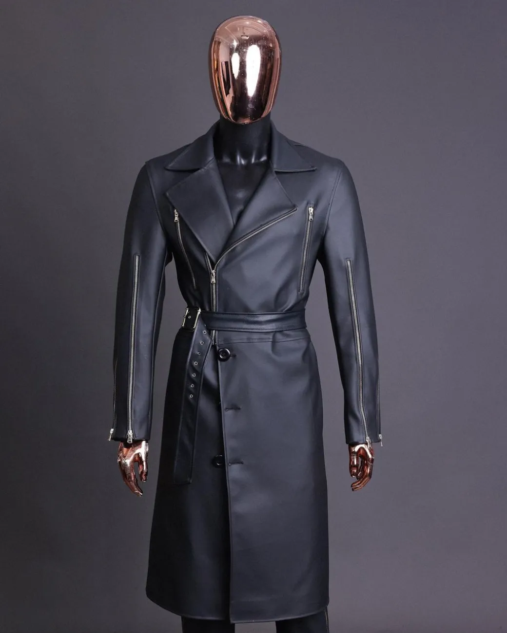 A Charcoal Black “Bikers” leather double breasted layered trench Jacket, belt and leather trousers.