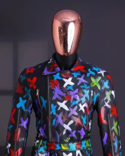 A Charcoal Black “Bikers” leather Jacket with X multicolor painting, double breasted layered trench