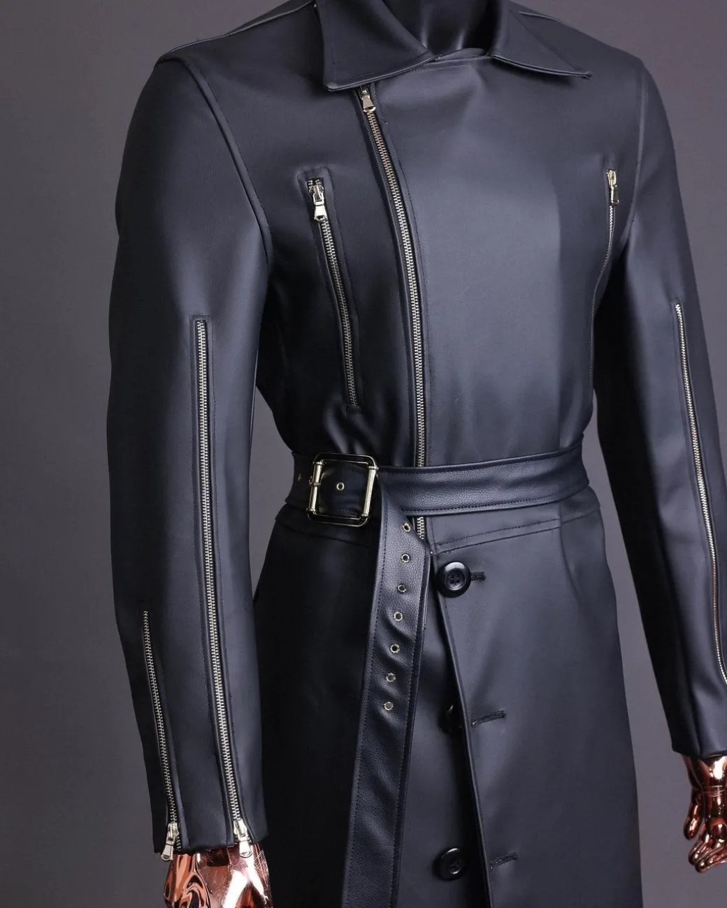 A Charcoal Black “Bikers” leather double breasted layered trench Jacket, belt & leather trousers.