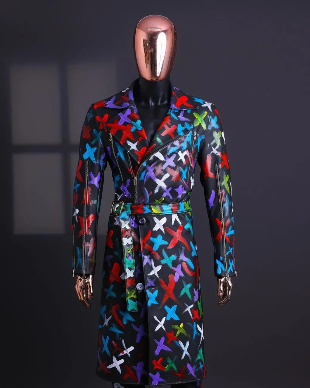 A Charcoal Black “Bikers” leather Jacket with X multicolor painting, double breasted layered trench