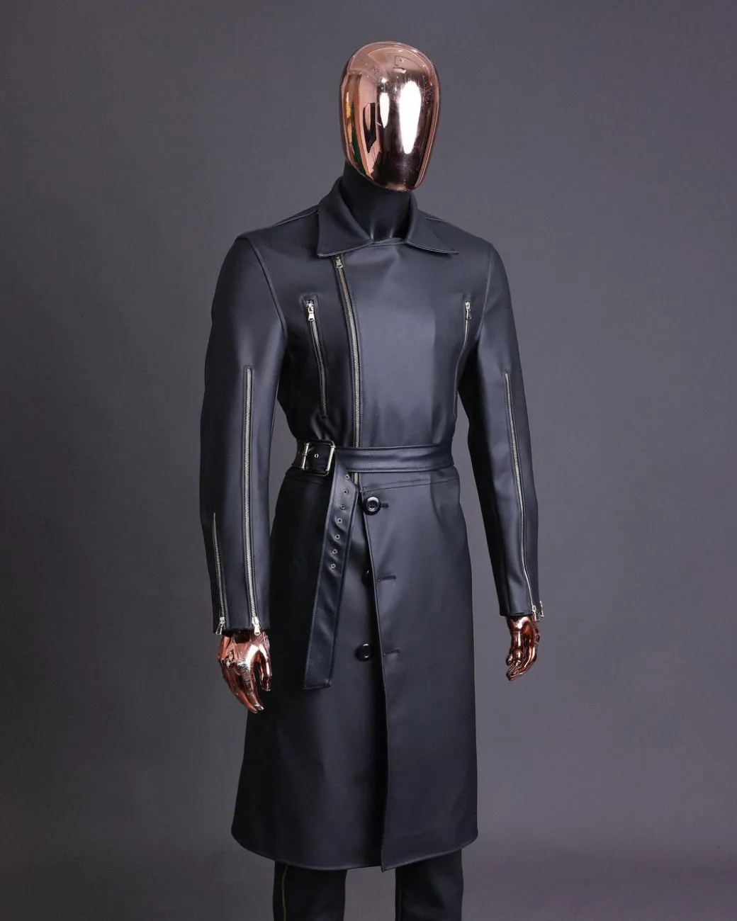 A Charcoal Black “Bikers” leather double breasted layered trench Jacket, belt & leather trousers.