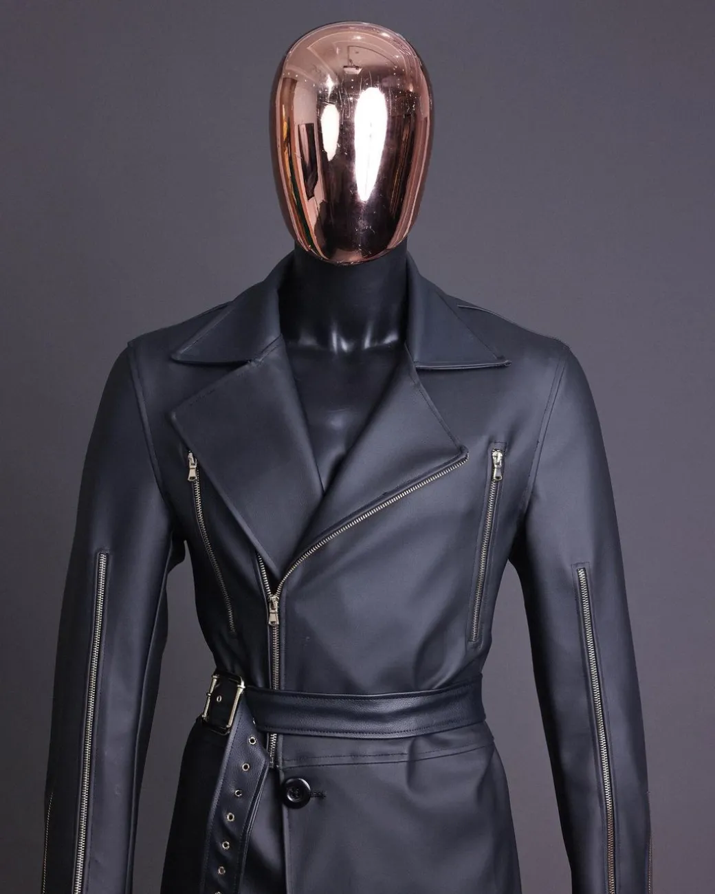 A Charcoal Black “Bikers” leather double breasted layered trench Jacket, belt and leather trousers.