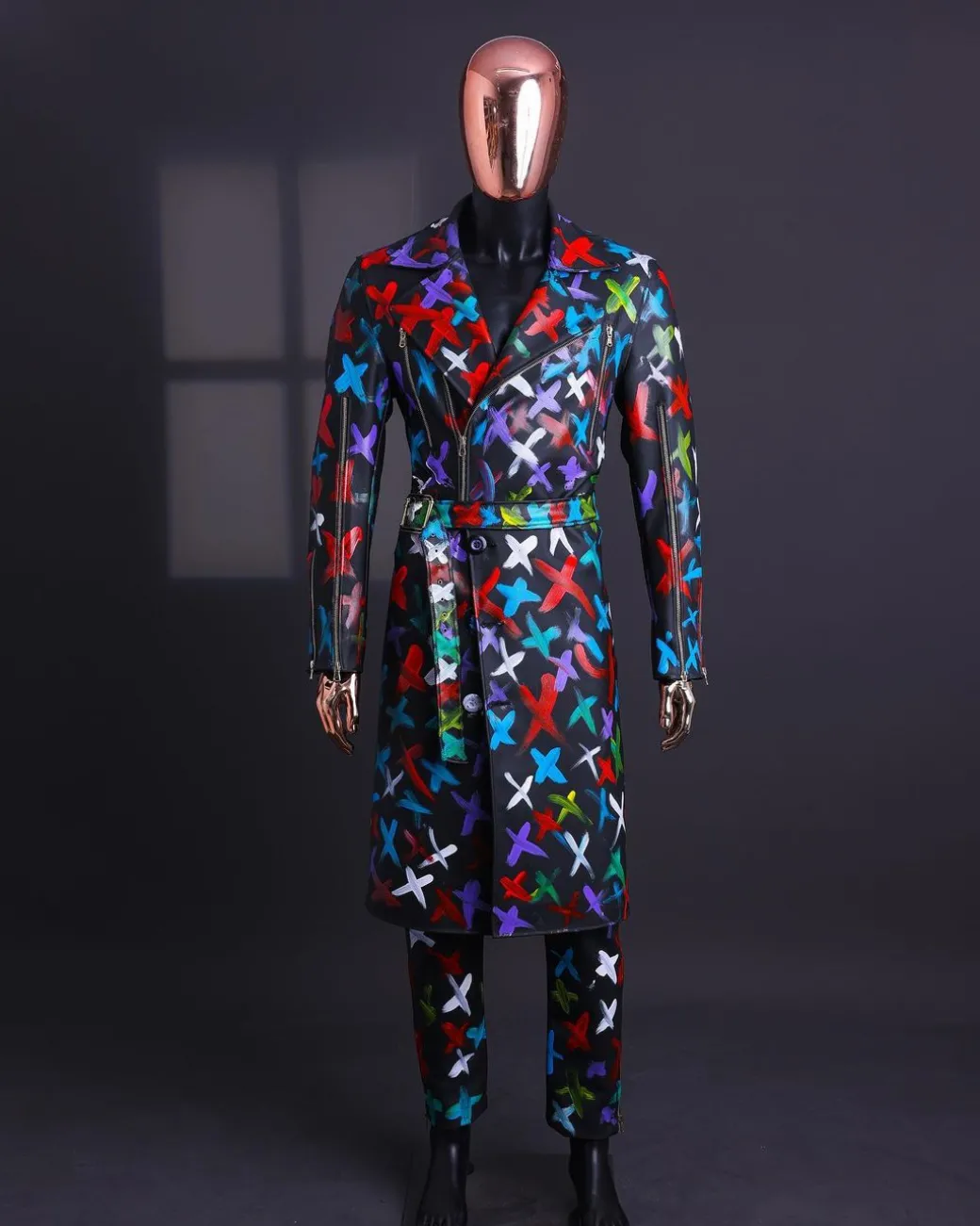 A Charcoal Black “Bikers” leather Jacket with X multicolor painting, double breasted layered trench