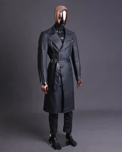 A Charcoal Black “Bikers” leather double breasted layered trench Jacket, belt and leather trousers.