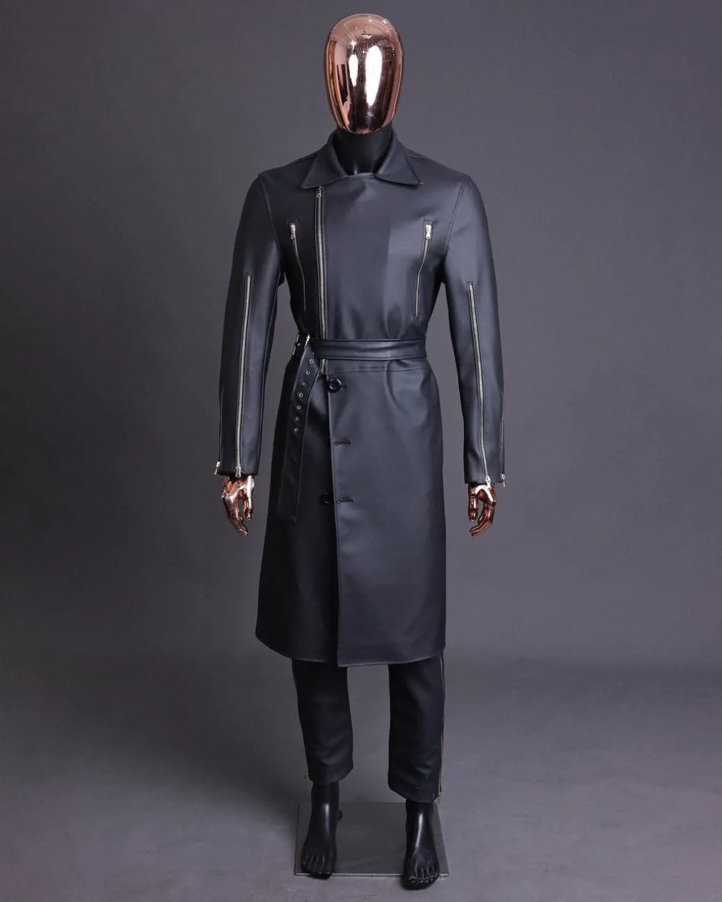 A Charcoal Black “Bikers” leather double breasted layered trench Jacket, belt & leather trousers.