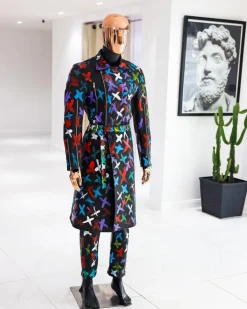 A Charcoal Black “Bikers” leather Jacket with X multicolor painting, double breasted layered trench