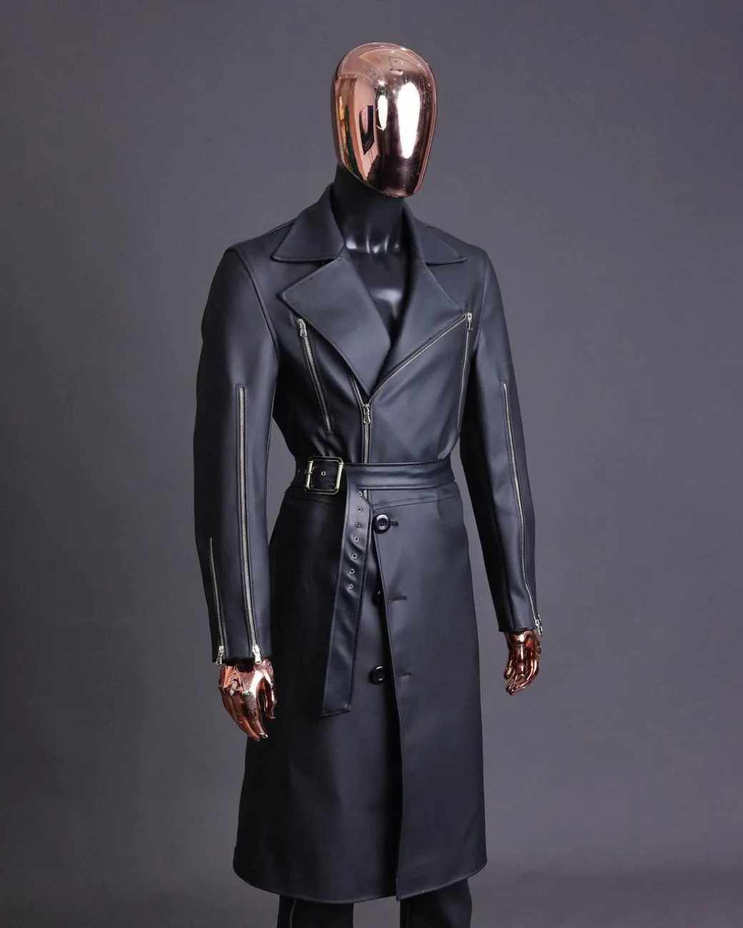 A Charcoal Black “Bikers” leather double breasted layered trench Jacket, belt and leather trousers.