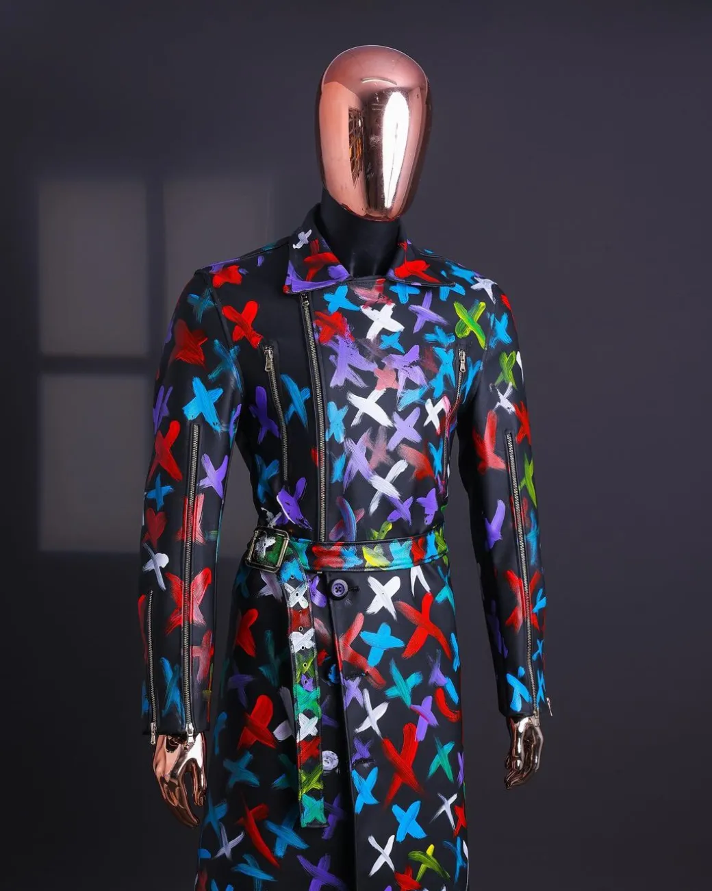 A Charcoal Black “Bikers” leather Jacket with X multicolor painting, double breasted layered trench