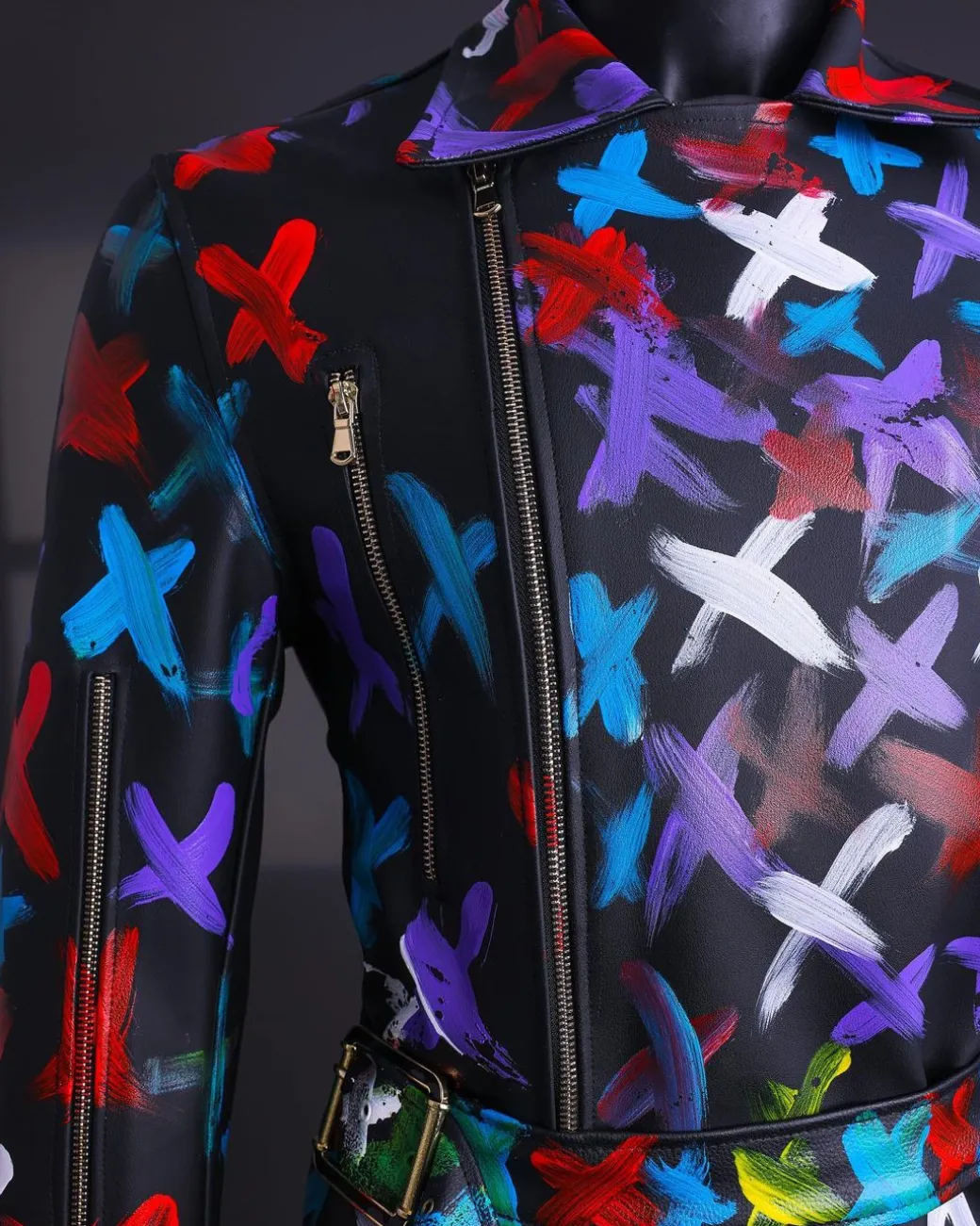 A Charcoal Black “Bikers” leather Jacket with X multicolor painting, double breasted layered trench