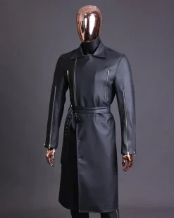 A Charcoal Black “Bikers” leather double breasted layered trench Jacket, belt & leather trousers.
