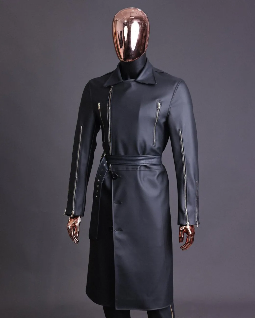 A Charcoal Black “Bikers” leather double breasted layered trench Jacket, belt & leather trousers.