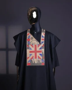 A Charcoal black, “British racing” embroidery details agbada, 3/4 sleeve kaftan & sokoto