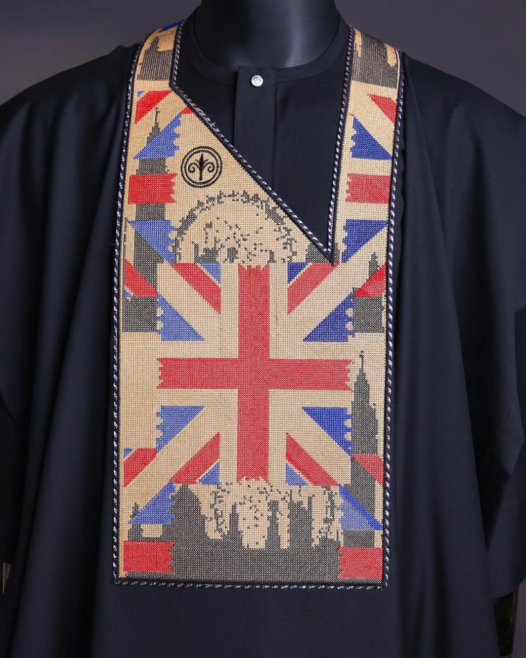 A Charcoal black, “British racing” embroidery details agbada, 3/4 sleeve kaftan & sokoto