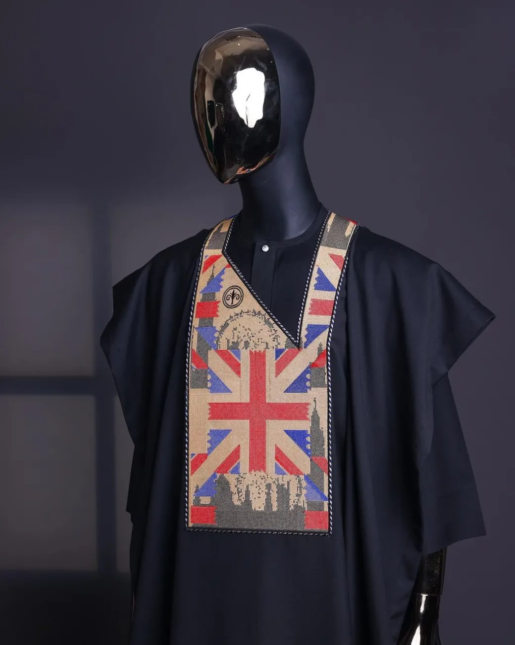 A Charcoal black, “British racing” embroidery details agbada, 3/4 sleeve kaftan & sokoto