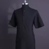 A Charcoal black, brown Aaron wool, front flap with black Swarovski button, shorts sleeve African senator kaftan native.