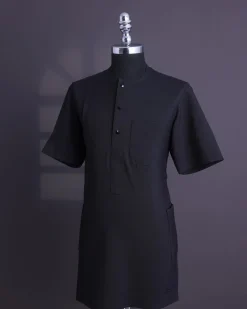 A Charcoal black, brown Aaron wool, front flap with black Swarovski button, shorts sleeve African senator kaftan native.