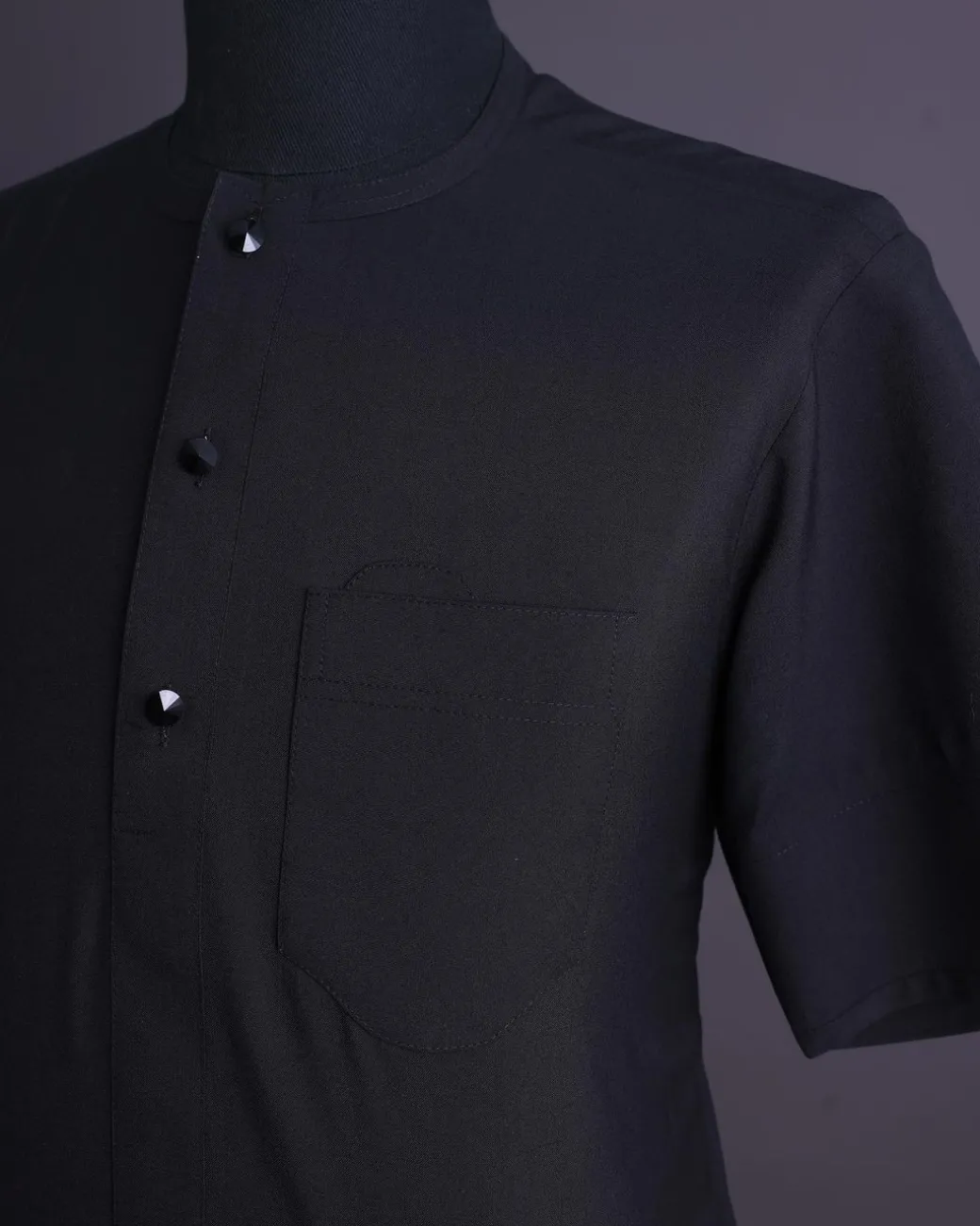 A Charcoal black, brown Aaron wool, front flap with black Swarovski button, shorts sleeve African senator kaftan native.