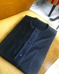 A Charcoal Black Button Flap  Kaftan With Blue Paisley Detailing and Sokoto
