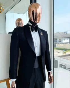 A Charcoal black “classic” shawl lapel floral pattern jacquard tuxedo suit