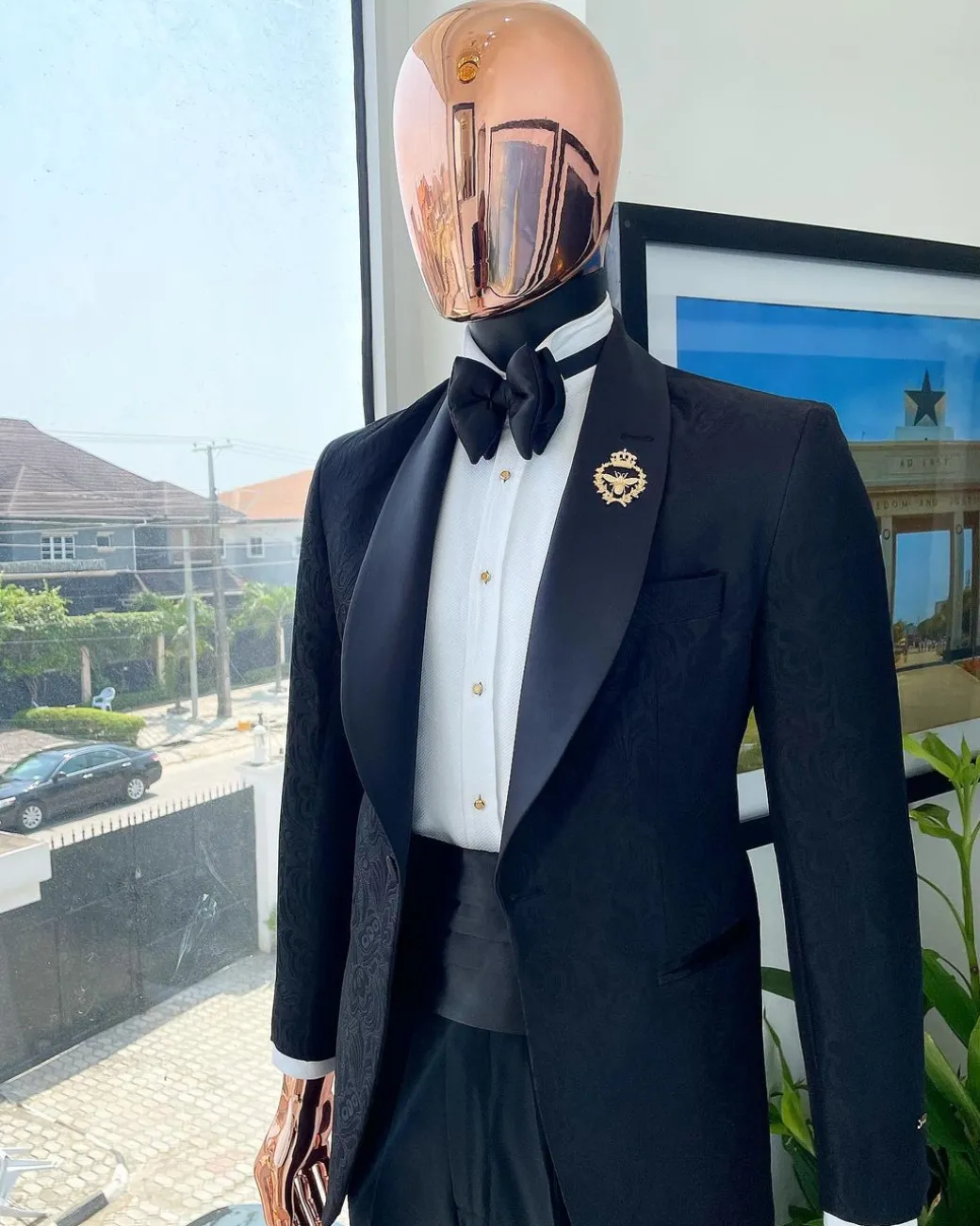 A Charcoal black “classic” shawl lapel floral pattern jacquard tuxedo suit