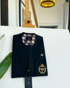 A charcoal black, clear view black Swarovski buttons, hand embroidery patch details, African traditional senator kaftan native