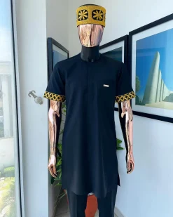 A Charcoal black, connected star gold embroidery detailing Senator Kaftan native.
