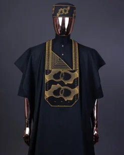 A Charcoal Black, Connected Medulla And Wooven Pattern Embroidery Agbada