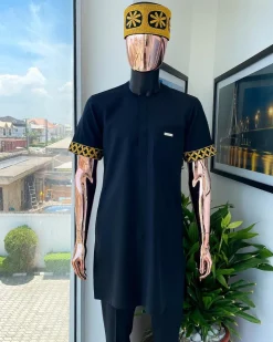 A Charcoal black, connected star gold embroidery detailing Senator Kaftan native.