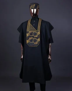 A Charcoal Black, Connected Medulla And Wooven Pattern Embroidery Agbada