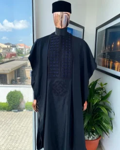 A Charcoal Black, Connected Square Embroidery Design with Blue Detailing Agbada