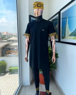 A Charcoal black, connected star gold embroidery detailing Senator Kaftan native.