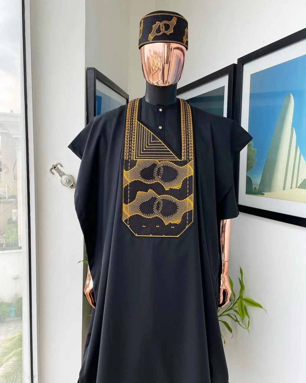 A Charcoal Black, Connected Medulla And Wooven Pattern Embroidery Agbada