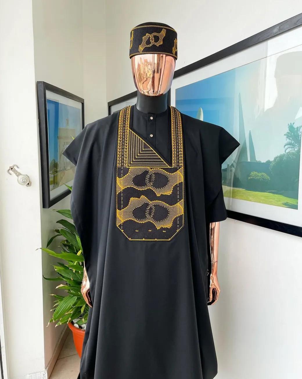 A Charcoal Black, Connected Medulla And Wooven Pattern Embroidery Agbada
