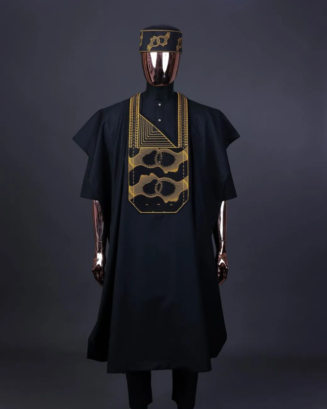 A Charcoal Black, Connected Medulla And Wooven Pattern Embroidery Agbada