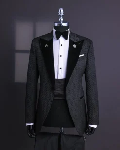 A Charcoal Black Dotted Floral Jacquard Peak Lapel Tuxedo Suit