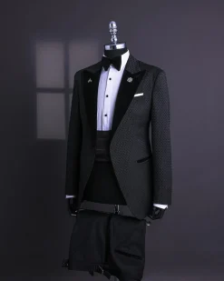 A Charcoal Black Dotted Floral Jacquard Peak Lapel Tuxedo Suit