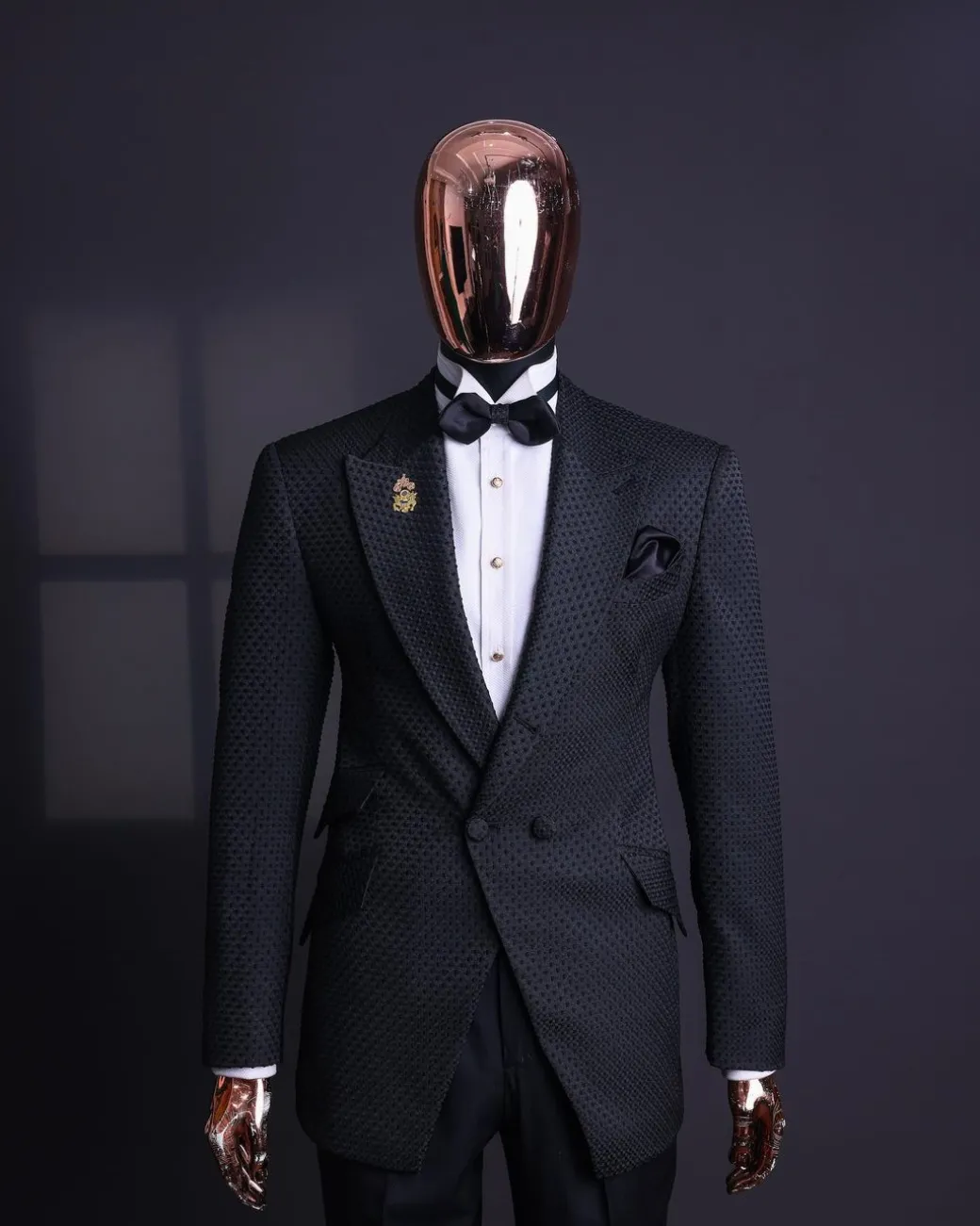 A Charcoal black, dotted jacquard, half-double-breasted suit