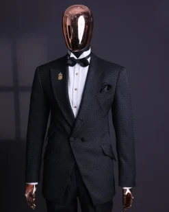 A Charcoal black, dotted jacquard, half-double-breasted suit