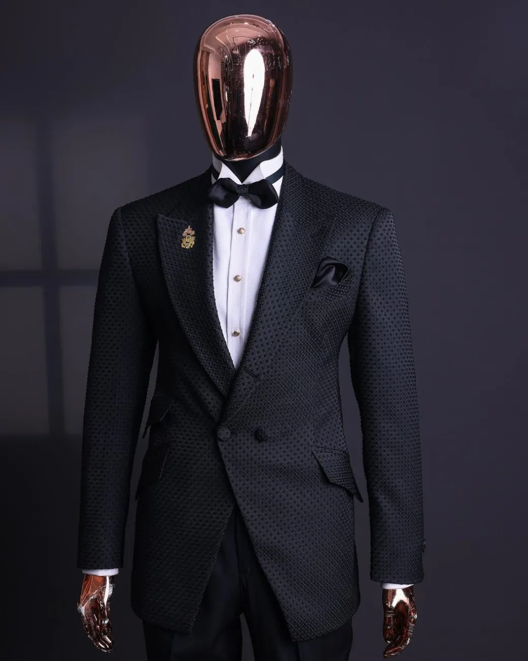 A Charcoal black, dotted jacquard, half-double-breasted suit