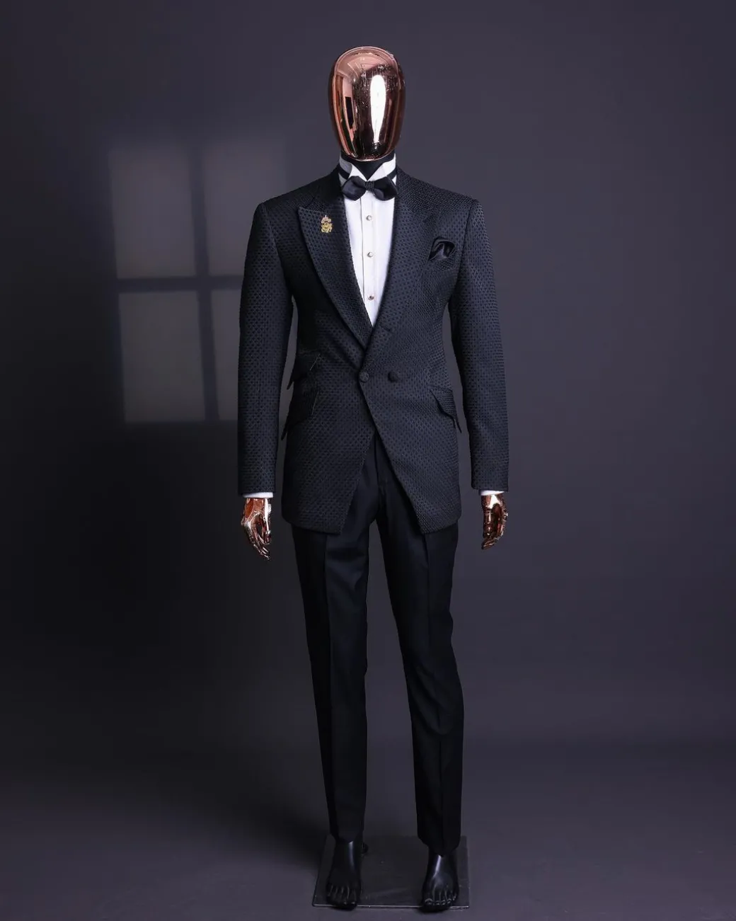 A Charcoal black, dotted jacquard, half-double-breasted suit
