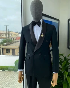 A Charcoal Black Double Breasted Shawl Lapel Tuxedo Suit