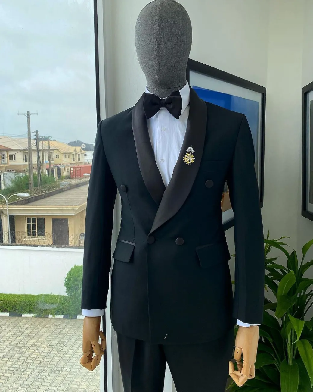 A Charcoal Black Double Breasted Shawl Lapel Tuxedo Suit