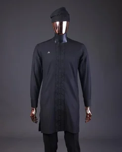A Charcoal Black, Drop Down Lay Embroidery Detailing Kaftan, Hand Woven Yoruba Hat & Sokoto