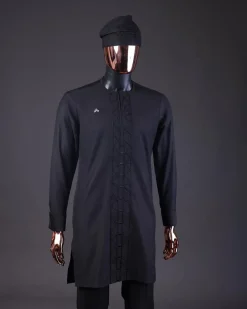 A Charcoal Black, Drop Down Lay Embroidery Detailing Kaftan, Hand Woven Yoruba Hat & Sokoto