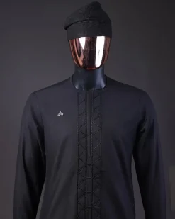 A Charcoal Black, Drop Down Lay Embroidery Detailing Kaftan, Hand Woven Yoruba Hat & Sokoto