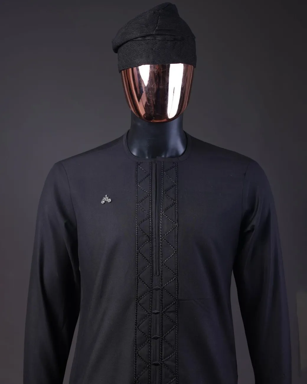 A Charcoal Black, Drop Down Lay Embroidery Detailing Kaftan, Hand Woven Yoruba Hat & Sokoto