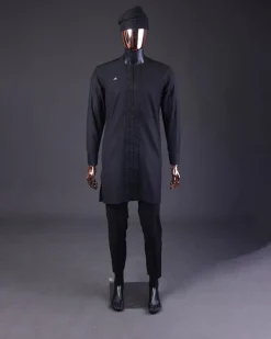 A Charcoal Black, Drop Down Lay Embroidery Detailing Kaftan, Hand Woven Yoruba Hat & Sokoto