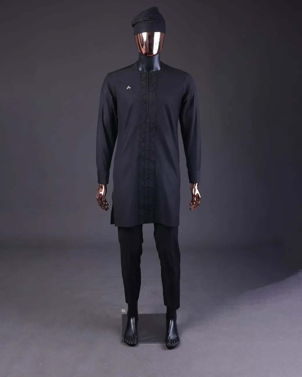 A Charcoal Black, Drop Down Lay Embroidery Detailing Kaftan, Hand Woven Yoruba Hat & Sokoto