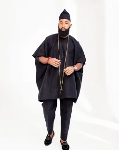 A Charcoal Black embroidery detailing with Swarovski Stone detailing Aso Oke Agbada