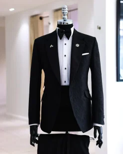 A Charcoal Black Floral Jacquard Notch Lapel Tuxedo Suit